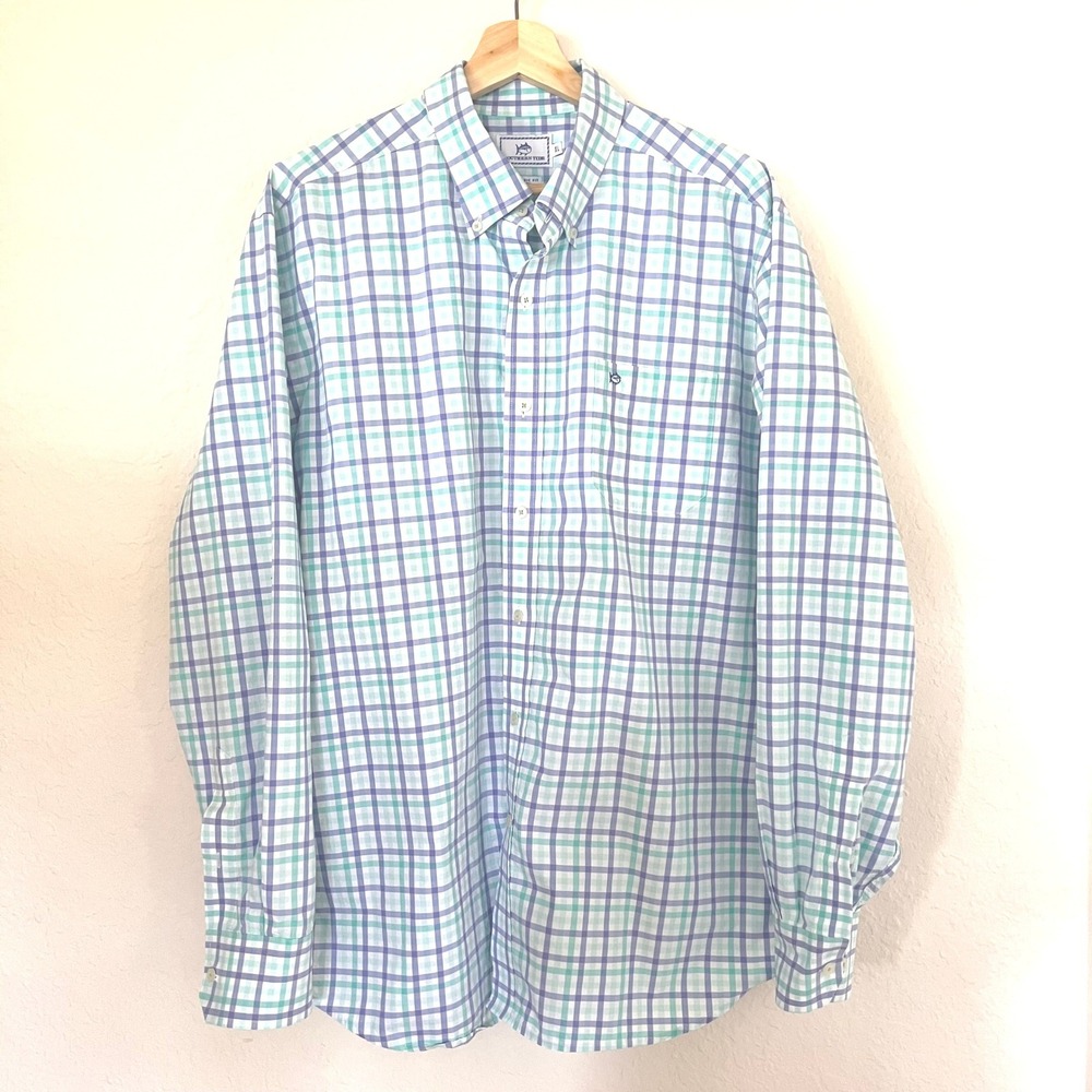 Southern Tide Mens XL Classic Fit Plaid Button Down Shirt Blue Green Cotton LS